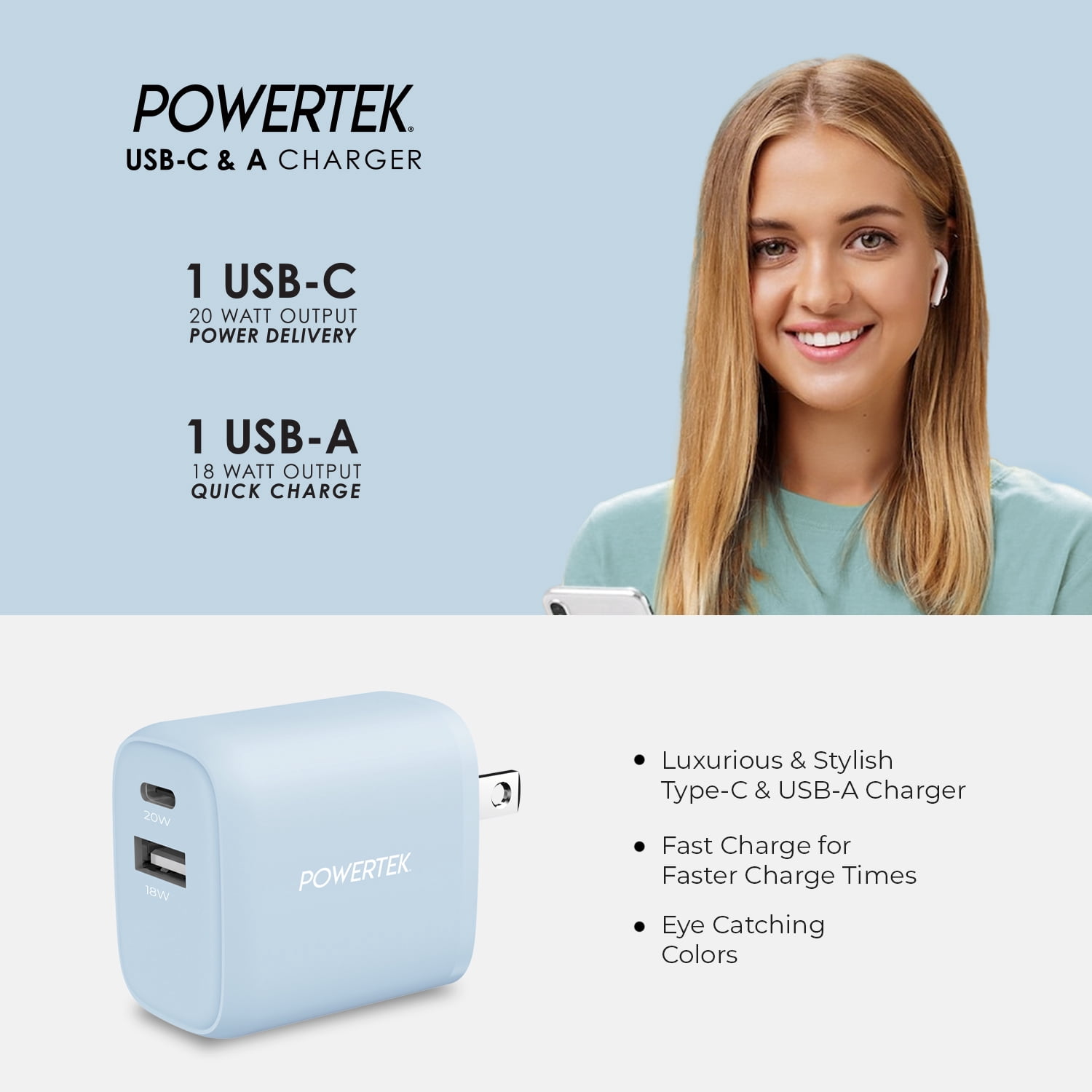 Denim Dual USB-A / USB-C Wall Charger - Light Blue