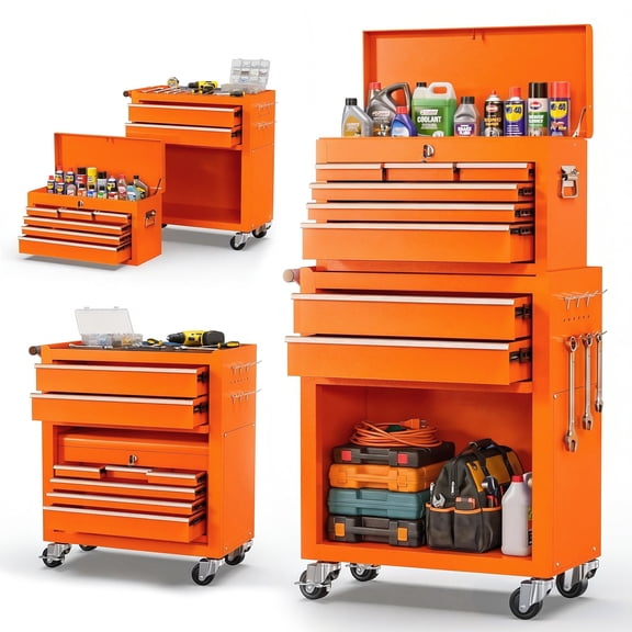 8-Drawer Rolling Tool Chest and Cabinet, Stainless Steel Tool Box with Brake Wheels and 8 Drawers, Orange Detachable Tool Cart, Orange