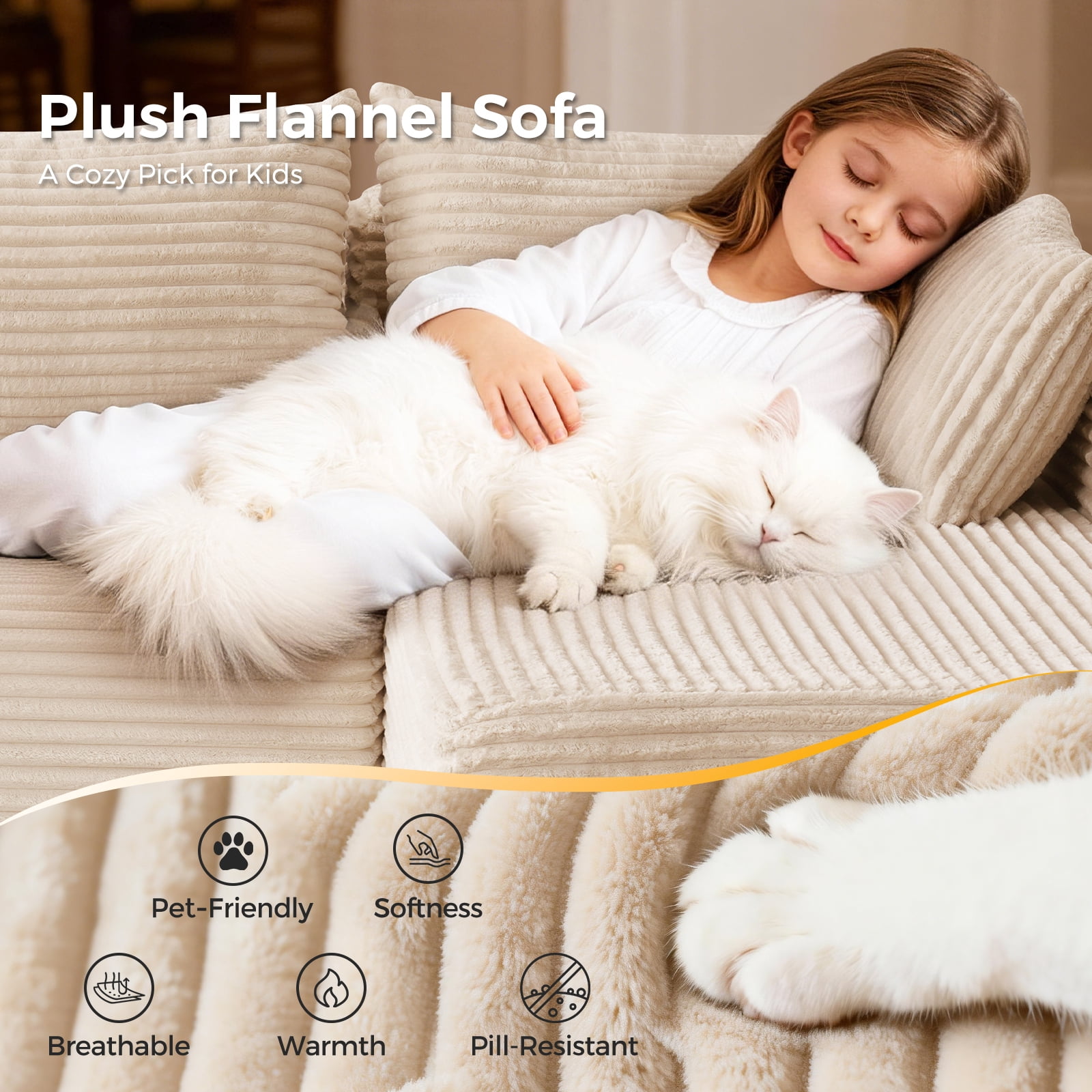 106” Sectional Couch with Chaise, Cloud Boneless Couches Flannel Plush with Deep Seat, L-Shaped Compressed Modular Sofa with Cushions for Living Room, Small Space, Beige