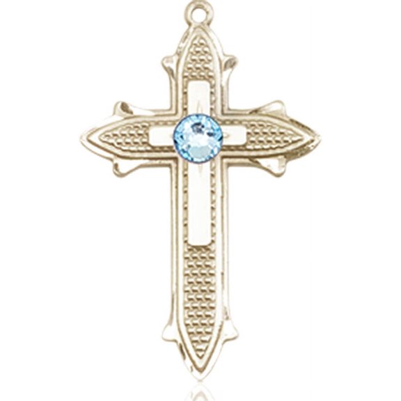 14kt Yellow Gold Cross on Cross Medal with 3mm March Blue Swarovski Crystal 7/8 X 1/2 inches