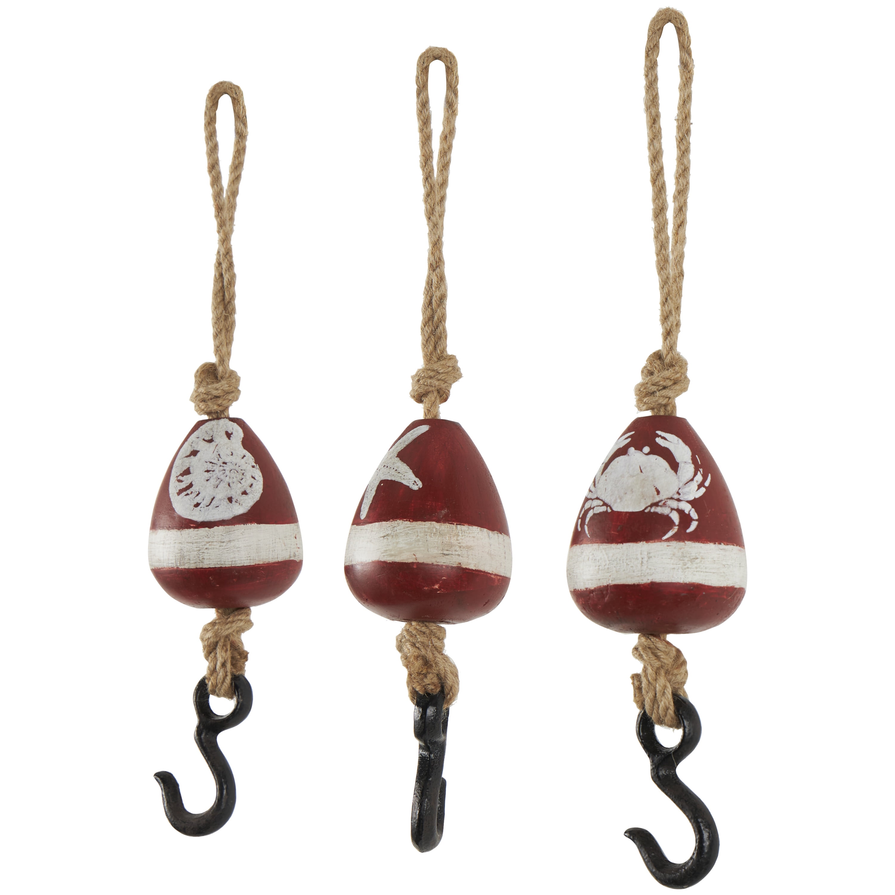 DecMode 3"W, 14"H Red Wood Buoy Wall Hook with Jute Rope and Metal Hook, 3-Pieces