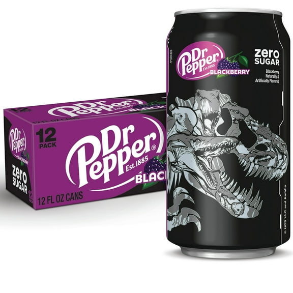 Dr Pepper Blackberry Zero Sugar Soda Pop, 12 fl oz, 12 Pack Cans, Jurassic World Rebirth Limited Edition, one pack .