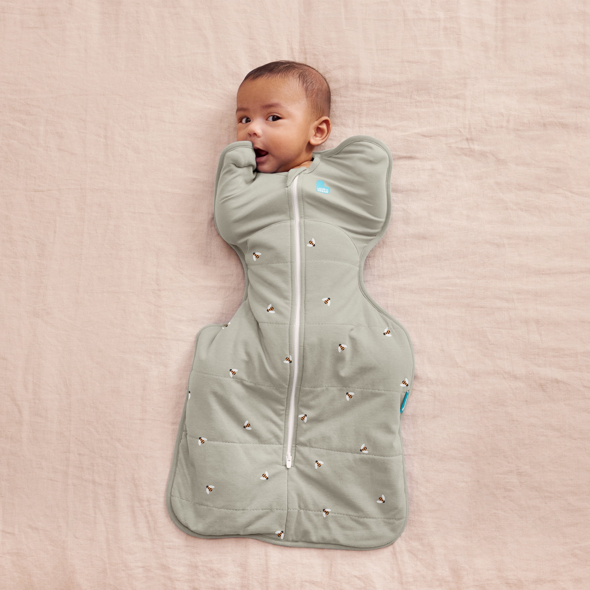 Love to Dream Swaddle Up Warm Cotton 2.5 TOG Baby Sleep Sack, Arms Up Design, Twin Zipper, Small 8-13 lbs, Olive Bees