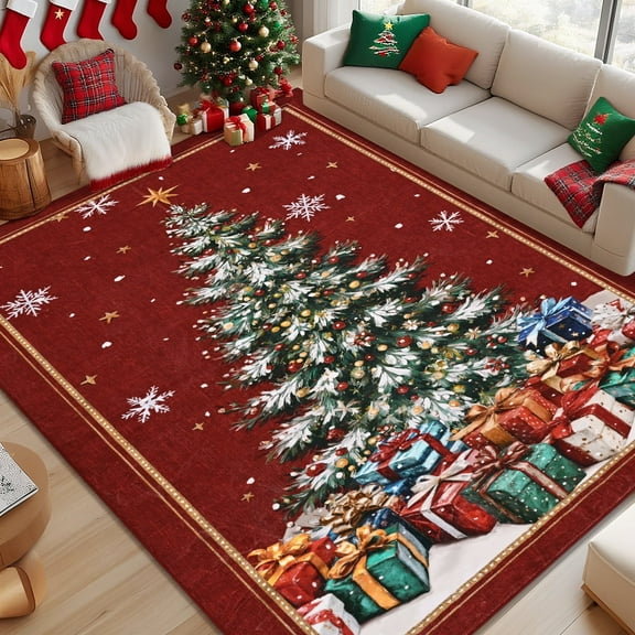 BLEUM CADE Christmas Tree 5'x7' Area Rugs for Living Room, Washable Rugs for Bedroom Dinning Room,Winter Red Rug Ultra Soft Non Slip Durable Large Carpet Christmas Decorations