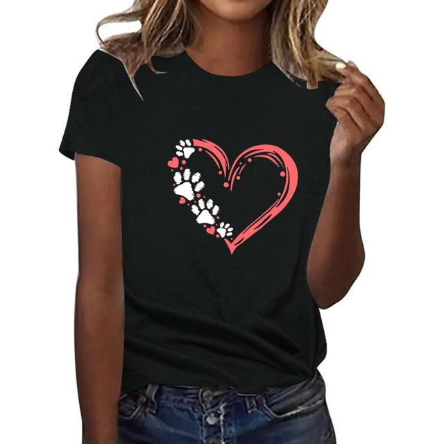 WEAIXIMIUNG T-Shirt Imprimé Mignon pour Femmes, Col Rond, Manches Courtes, Saint-Valentin