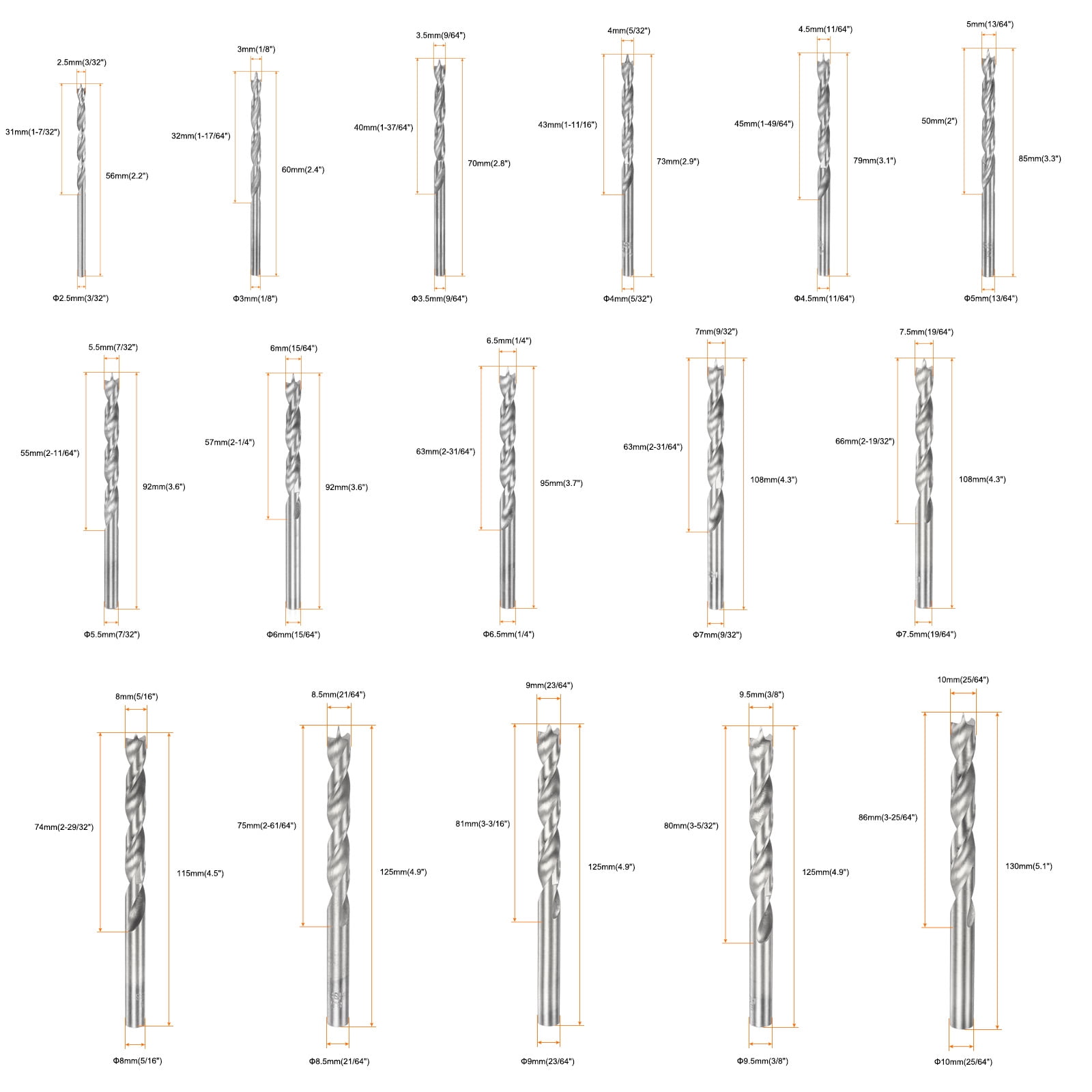Uxcell Brad Point Drill Bit 2.5/3/3.5/4/4.5/5/5.5/6/6.5/7/7.5/8/8.5/9/9.5/10mm Dia Straight Round Shank Drill Metric Brad Point Spiral Twist Drill Bits for Woodworking, 16 In1 Set