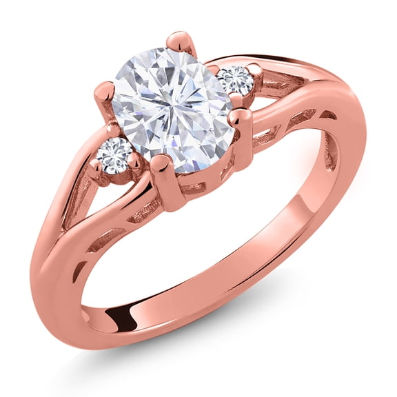 Gem Stone King 18K Rose Gold Plated Silver White Moissanite and White Lab Grown Diamond 3 Stone Engagement Ring for Women | 1.58 Cttw | Oval 8X6MM | Round 2MM | Gemstone Birthstone | Size 5
