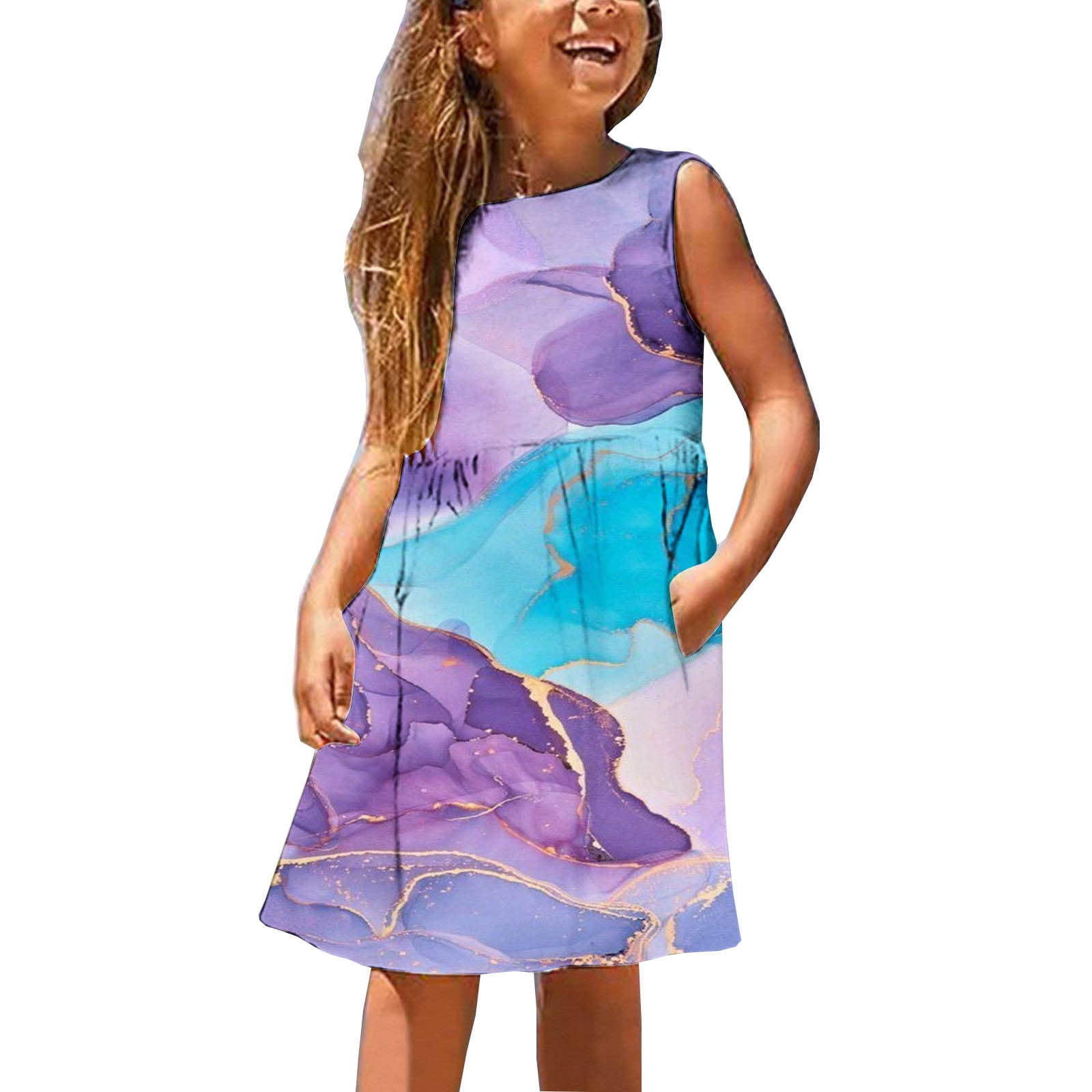 ZCFZJW Little Girls Dress Short Sleeve Toddler Summer Sundress Cute Marble  Pattern Print Sleeveless Crewneck Pullover Tank Dress Trendy A-Line Short  Mini Dress Black 9-10 Years 