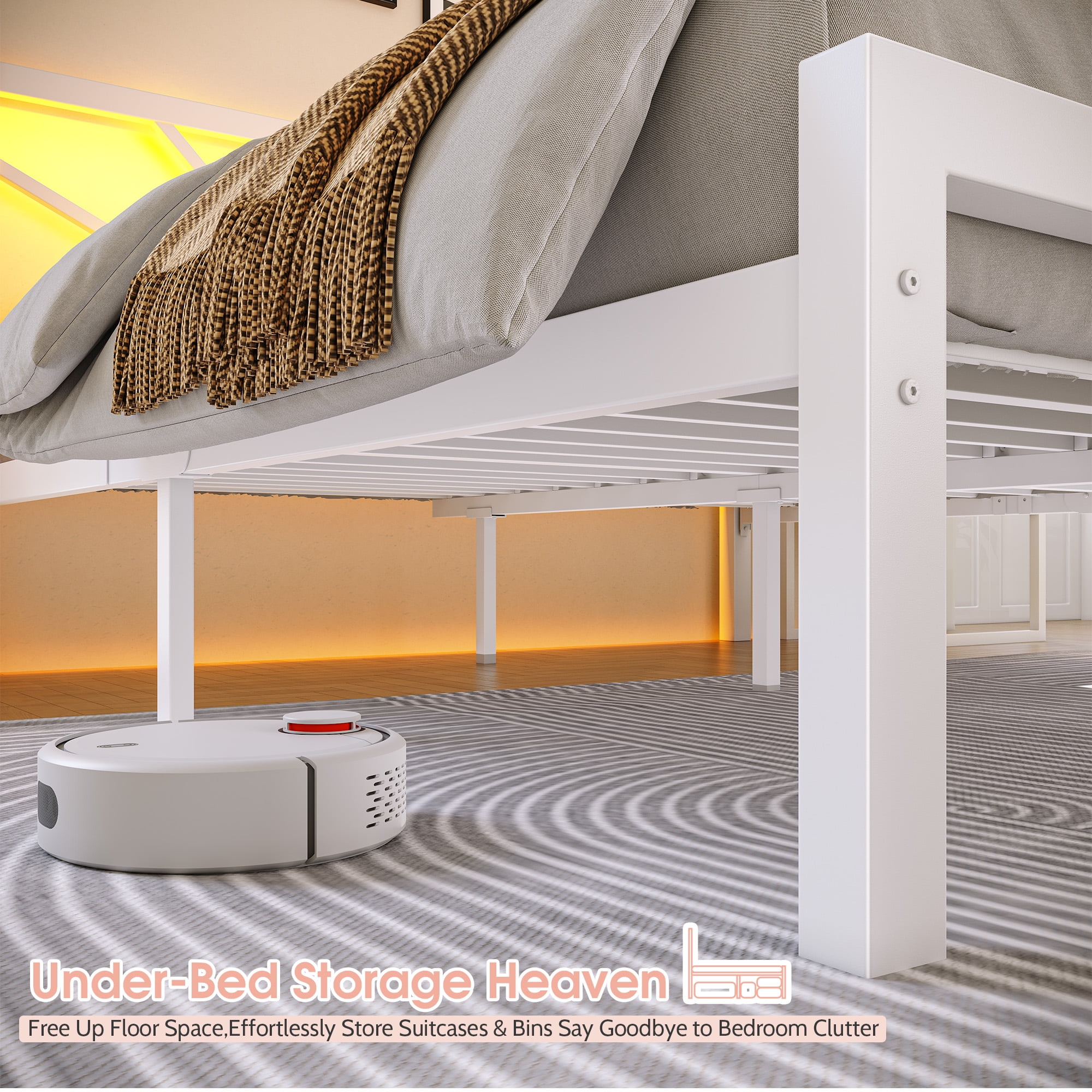 Full Size Metal Bed Frame with Headboard Metal Platform & LED Lights & Storage Underbed, Noise Free, No Box Spring, White