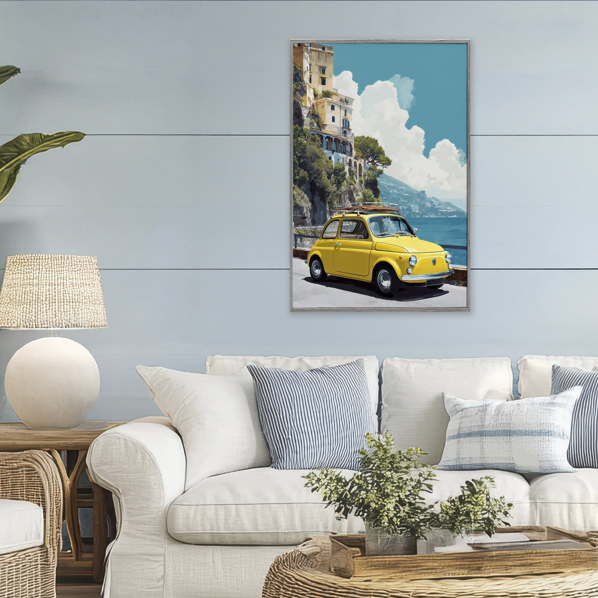 Stupell Industries Yellow Car on Coast Gray Framed Giclee Art, design by Petal Prints Design