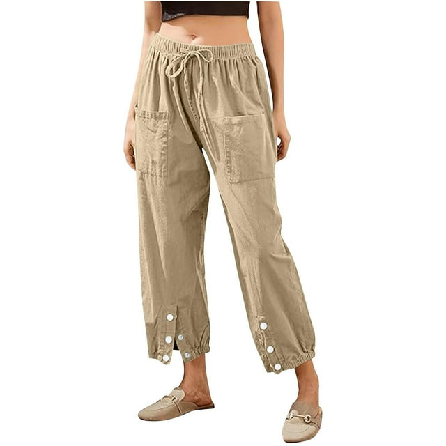 Diufon Women's Wide Leg Pants Casual High Waist Drawstring Pants Button Slit Solid Color Trousers with Pockets