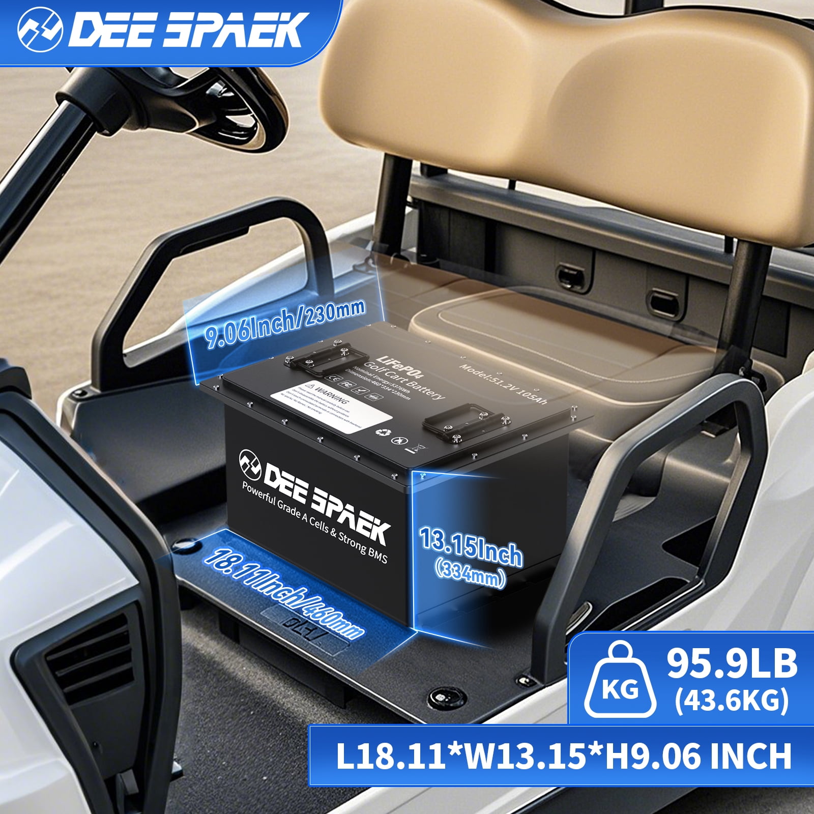 48V 105Ah Golf Cart LiFePO4 Battery,Bluetooth 200A BMS with APP Monitor & 20A Charger,for RV,Marine,15000+ Deep Cycles