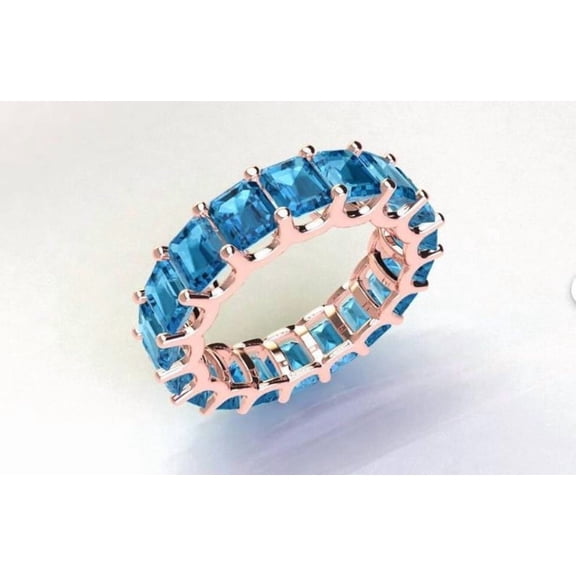 Natural Swiss Blue Topaz Engagement Band Octagon Cut Full Eternity Ring 925 Silver Topaz Wedding Ceremony Gift for Women Classic Band .