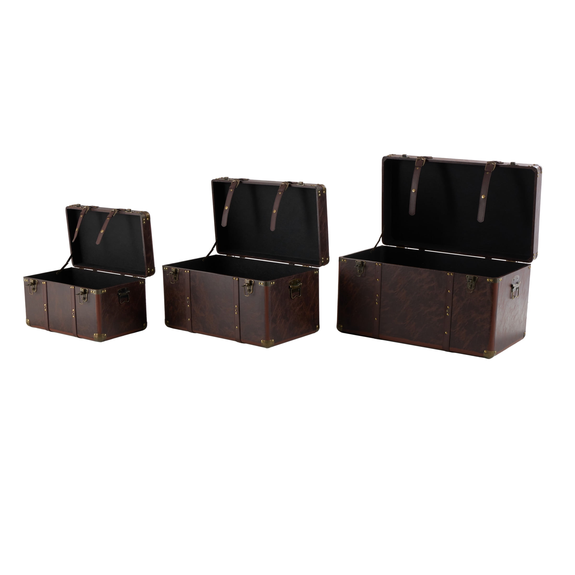 DecMode 19" x 10" Brown Faux Leather Nesting Upholstered Trunk with Vintage Gold Accents and Studs, 3-Pieces