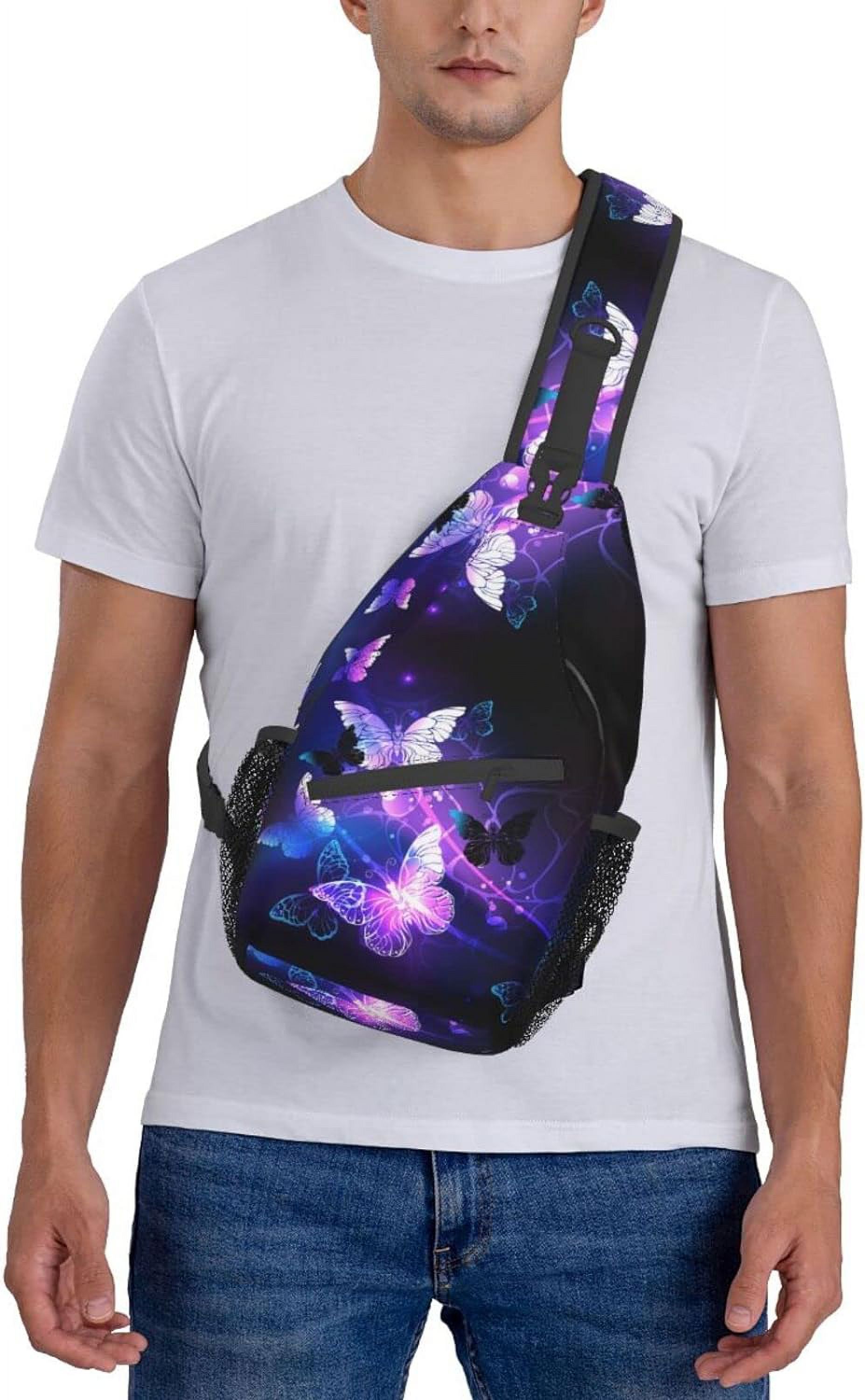 Purple Butterfly Glow In Dark Sling Bag Crossbody Hiking Travel Chest Bags Backpack Shoulder Daypack for Women Men