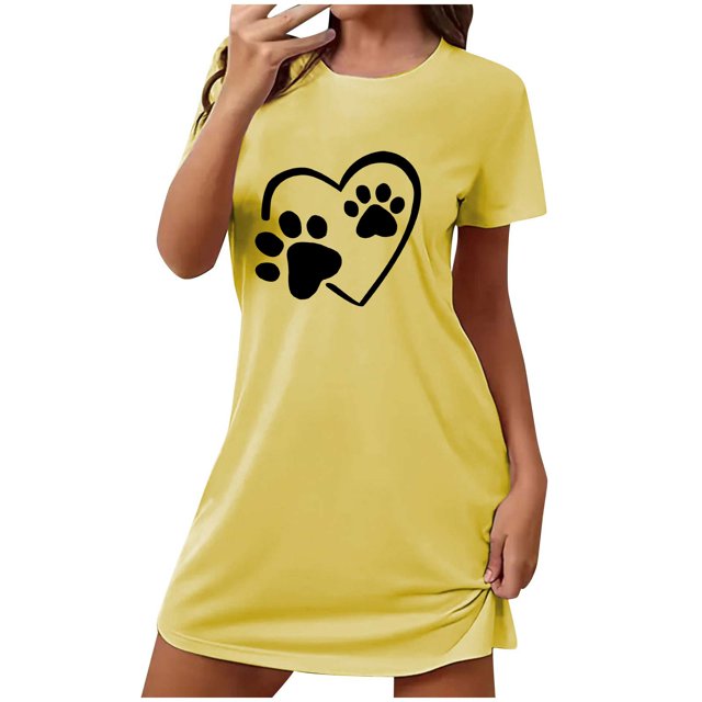 Funicet Shorts pour Femmes, Robe pour Femmes, Chemise de Nuit Courte Surdimensionnée Imprimée Col Rond et Manches Courtes, Robe d'Été Aguichant pour Femmes, Robe à Manches Courtes pour Femmes