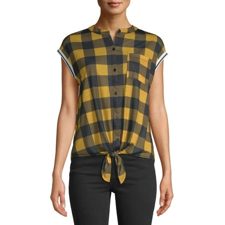 No Boundaries Juniors plaid varsity trim tie front short sleeve blouse