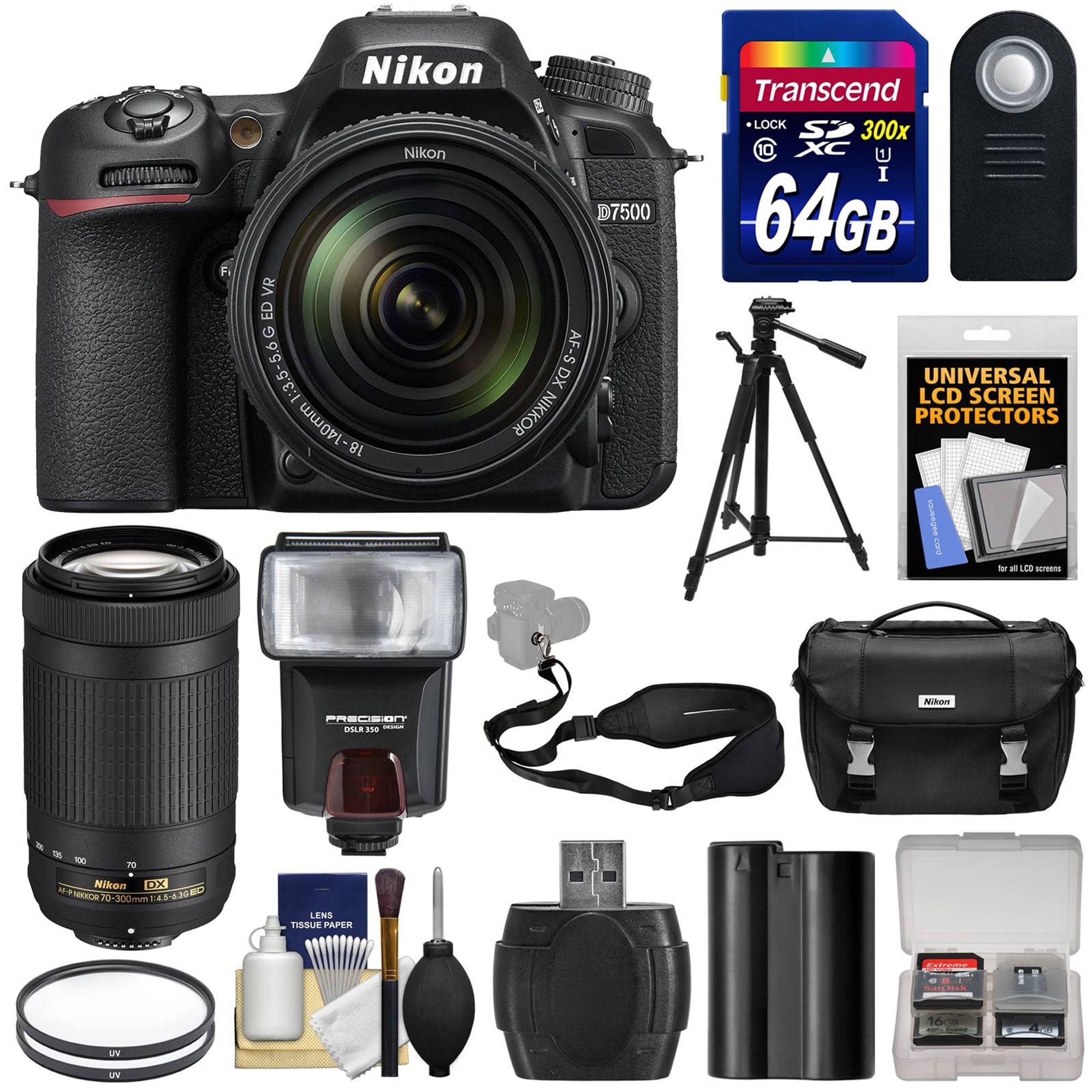 Bengelen hek fenomeen Nikon D7500 Wi-Fi 4K Digital SLR Camera with 18-140mm VR & 70-300mm DX AF-P  Lens + 64GB Card + Battery + Case + Tripod + Flash + Filters + Kit -  Walmart.com