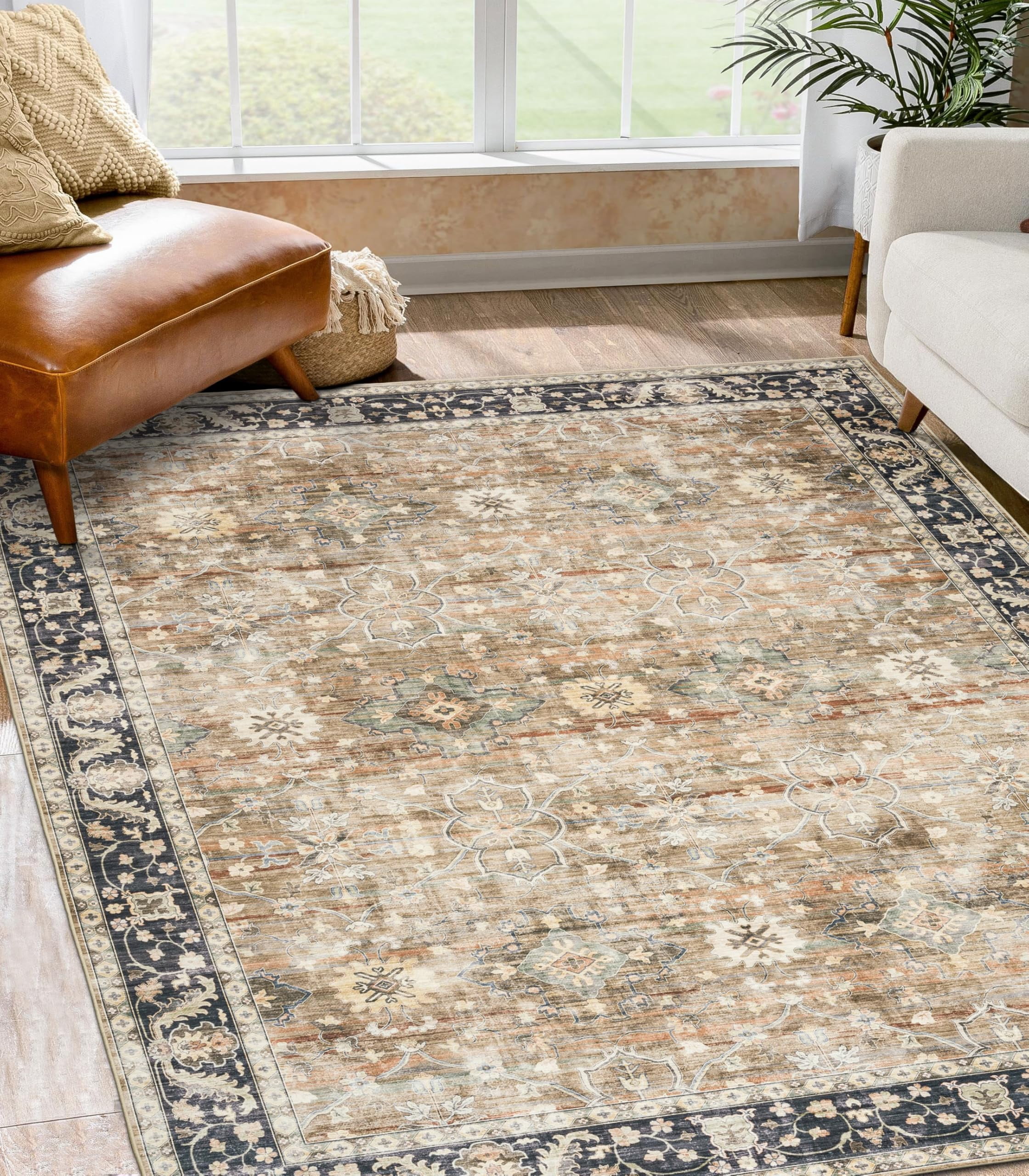 ReaLife Machine Washable Area Rug Runner - Living Room Bedroom Bathroom Kitchen Entryway Office - Padded Low Pile Stain Resistant Premium - Boho Farmhouse Vintage - Bev - Beige Tan Brown 2'6" x 10'