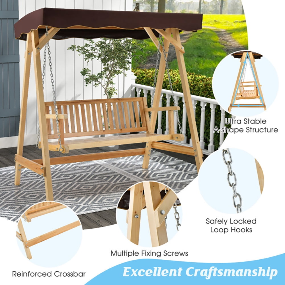 Aimee Lii Patio Wooden Swing Bench Chair with Adjustable Canopy for 2 Persons, Outdoor Swing Chair Aimee Lii Patio Wooden Swing Bench Chair with Adjustable Canopy for 2 Persons, Outdoor Swing Chair