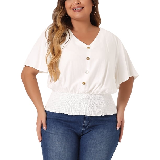 Blusas de mujer de talla grande GRACE & GRANDEUR con cuello en V, manga corta, decoración de botones y fruncido 2X blanca