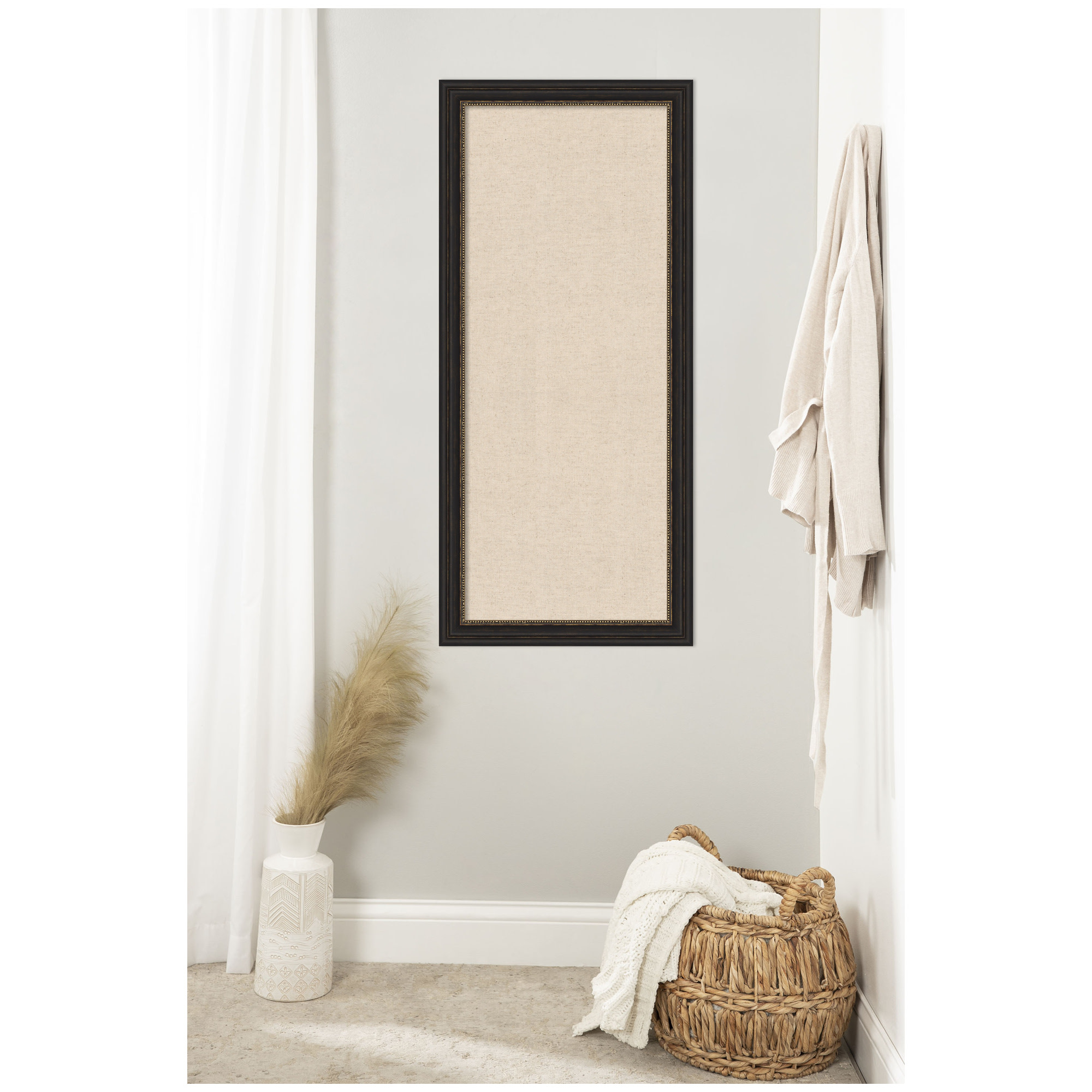 Kate and Laurel Framed Fabric Pinboard 20 x 44, Neutral Weave Printed Linen Decorative Bulletin Board for Use as a Vision Board or Wall Organization, Accent Bronze Narrow Frame