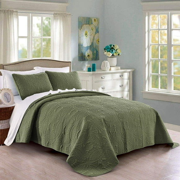 Pure Bedding Quilt Set Full/Queen Size Olive Green - Oversized Bedspread - Soft Microfiber Lightweight Coverlet for All Season - 3 Piece Includes 1 Quilt and 2 Shams, Geometric Pattern