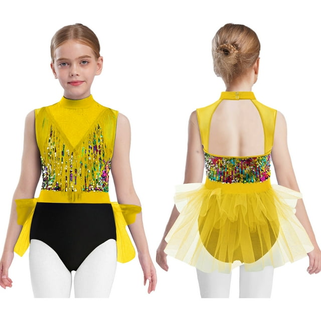 Ocealan Kids Girls Sleeveless Dance Leotard with Sequins Color Block Skating Jumpsuit for Stage Performance Yellow 10