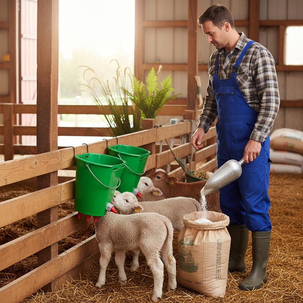 Goat Feeder with Nipple 8L Baby Bottle Bucket for Lambs & Calves 1/3/5 Mouth Sheep Milk Feeder & Plastic Feed Trough Multi-Animal Livestock Nursing Bucket with Scale & Handle