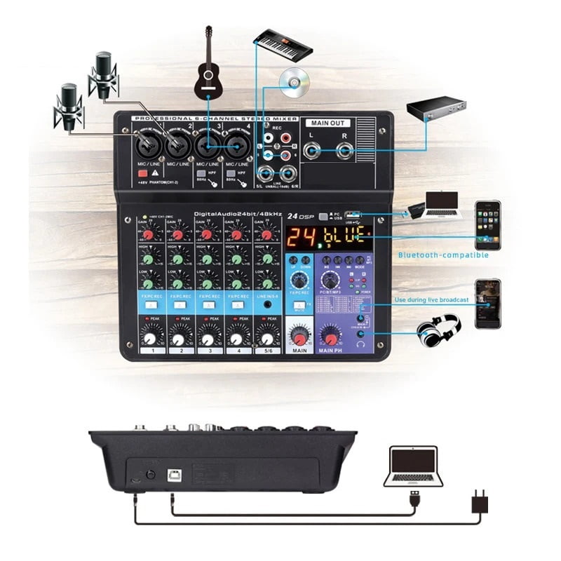 8 Channel DJ Sound Mixing Table 24 DSP Effect Mixer Bluetooth PC USB Play Recording