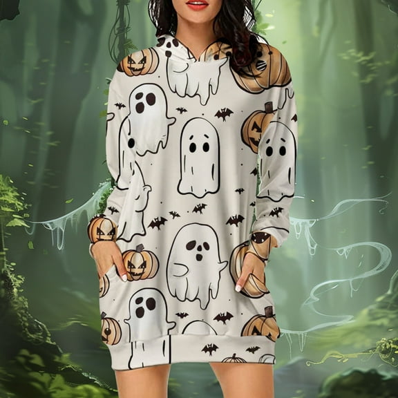 Meichang Halloween Hoodie Dress for Women Pumpkin Ghost Graphic Hooded Sweatshirt Dress Fall Casual Long Sleeve Tunic Dress Spooky Holiday Outfit with Pockets