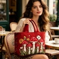 thumbnail image 4 of Cute Red Mushroom Floral Quilted Tote Bag, Cottagecore Embossed Nature Print Shoulder Bag, Large Capacity Vintage Handbag for Women Daily Vacation,14.9*13.7 in., 4 of 5