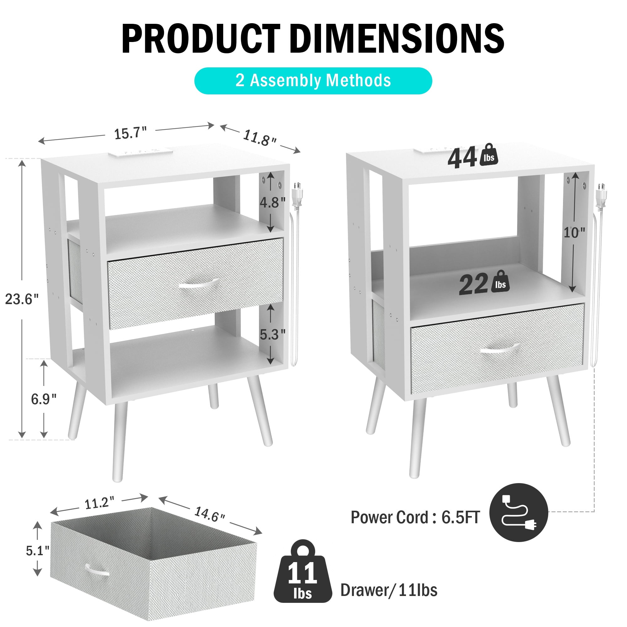 Nightstand Set of 2, Holaki Nightstand with Charging Station for Bedroom, Night Stand with LED Light & Fabric Drawers, Dresser Bedside Table for Living Room, White