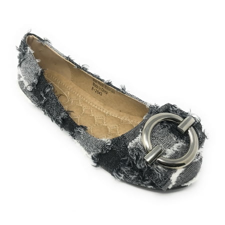 

Victoria K Women s Round Buckle Patched Denim Ballerina Flats