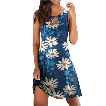 

Women Dress Summer Bohemian Trendy Floral Print Sleeveless Beach Dress Sexy Hollow Out Knee Length Crew Neck Tank Dress