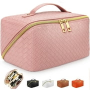 AURUZA Large Capacity Makeup Bag, Travel Cosmetic Bag With Handle and Divider Flat Lay Makeup Organizer Bag, Portable Toiletry Bag,Makeup Storage Bag,Makeup Brush Bag for Women (Pink)
