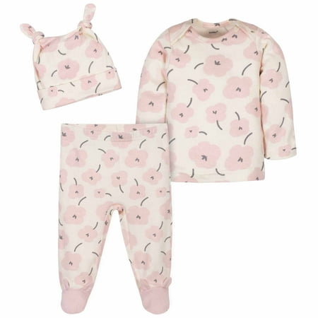 Gerber Baby Girl Bunny Take Me Home Shirt, Footed Pants & Cap, 3pc Outfit Set