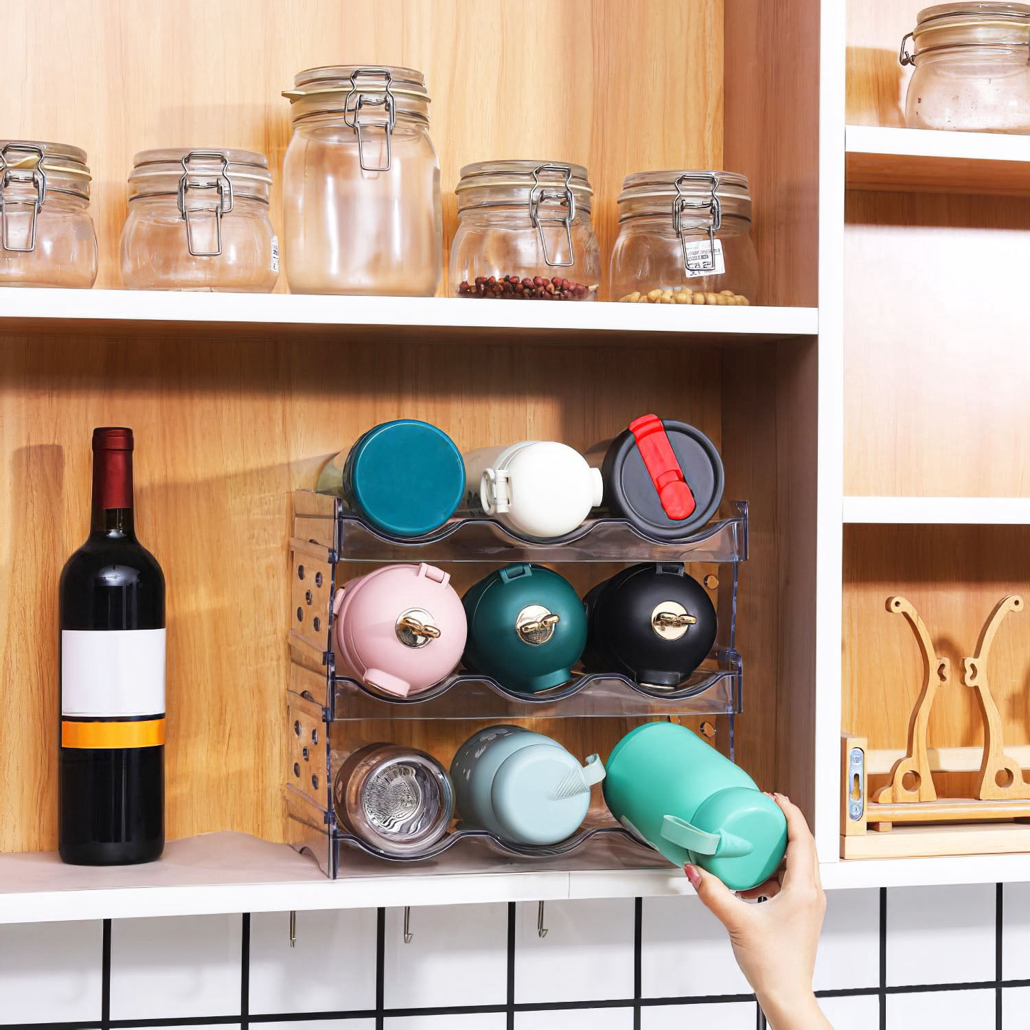 12 Bottle Plastic Bottle Storage Holder,  Free-Standing Water Bottle/Wine and Drink Organizer Shelf for Kitchen Cabinet, Fridge, Countertop, Pantry, Freezer, Clear