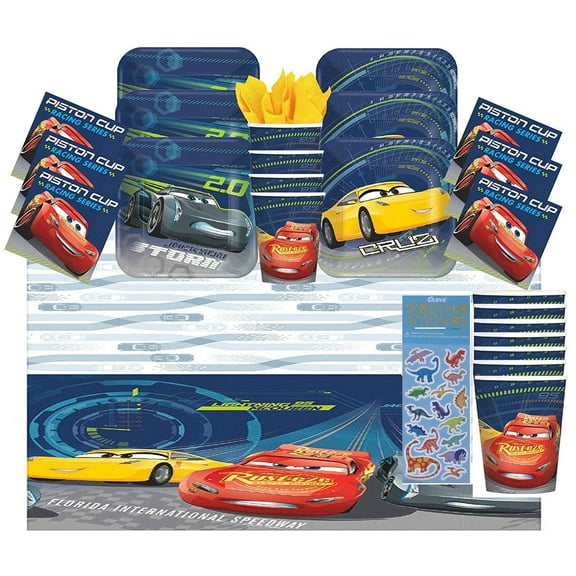 Disney Cars Birthday Party Supplies Bundle includes 16 Paper Plates 7", 16 Paper Napkins 5", 16 Paper Cups, 1 Table Cover, 1 Dinosaur Sticker Sheet