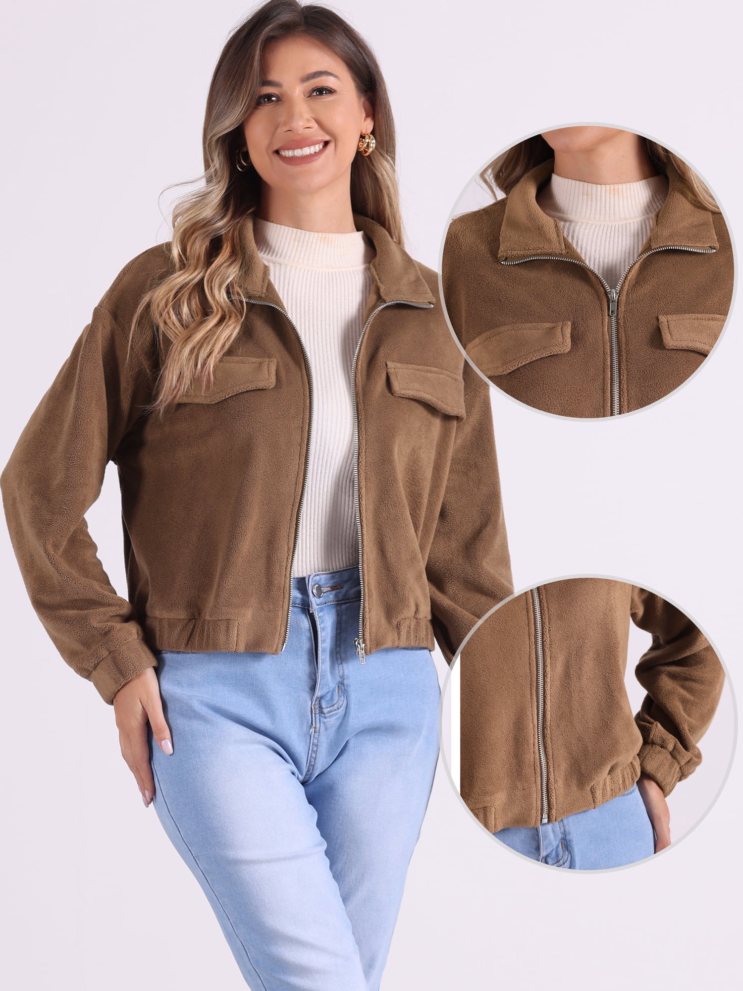 DARING DIVA Fuzzy Short Jacket Stand Collar Casual Crop Coat M Brown