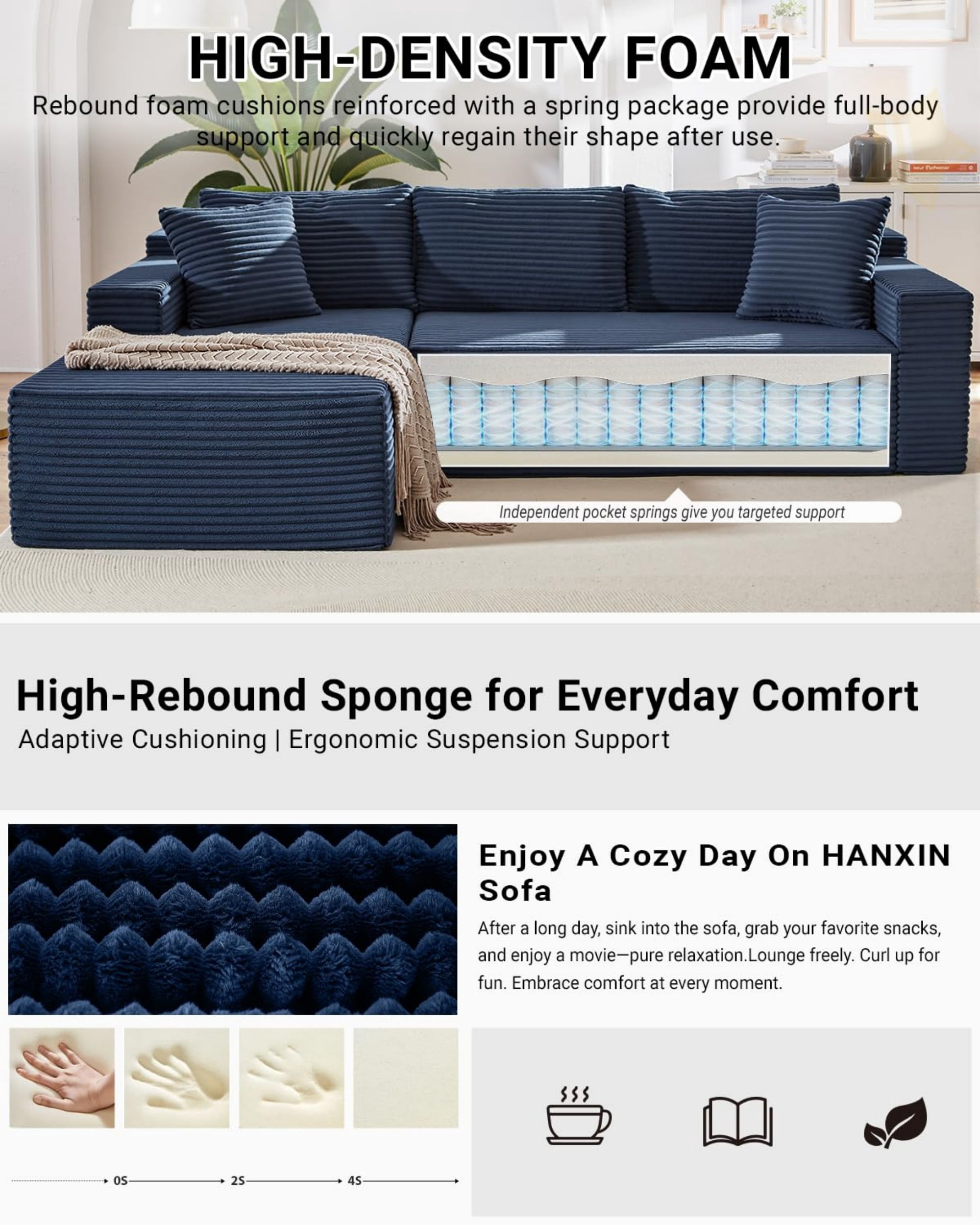 Aukfa 107" Cloud Modular Sectional Couch with Left-Facing Chaise, Corduroy Deep Seat Boneless Sofa for Living Room, Apartment, Blue