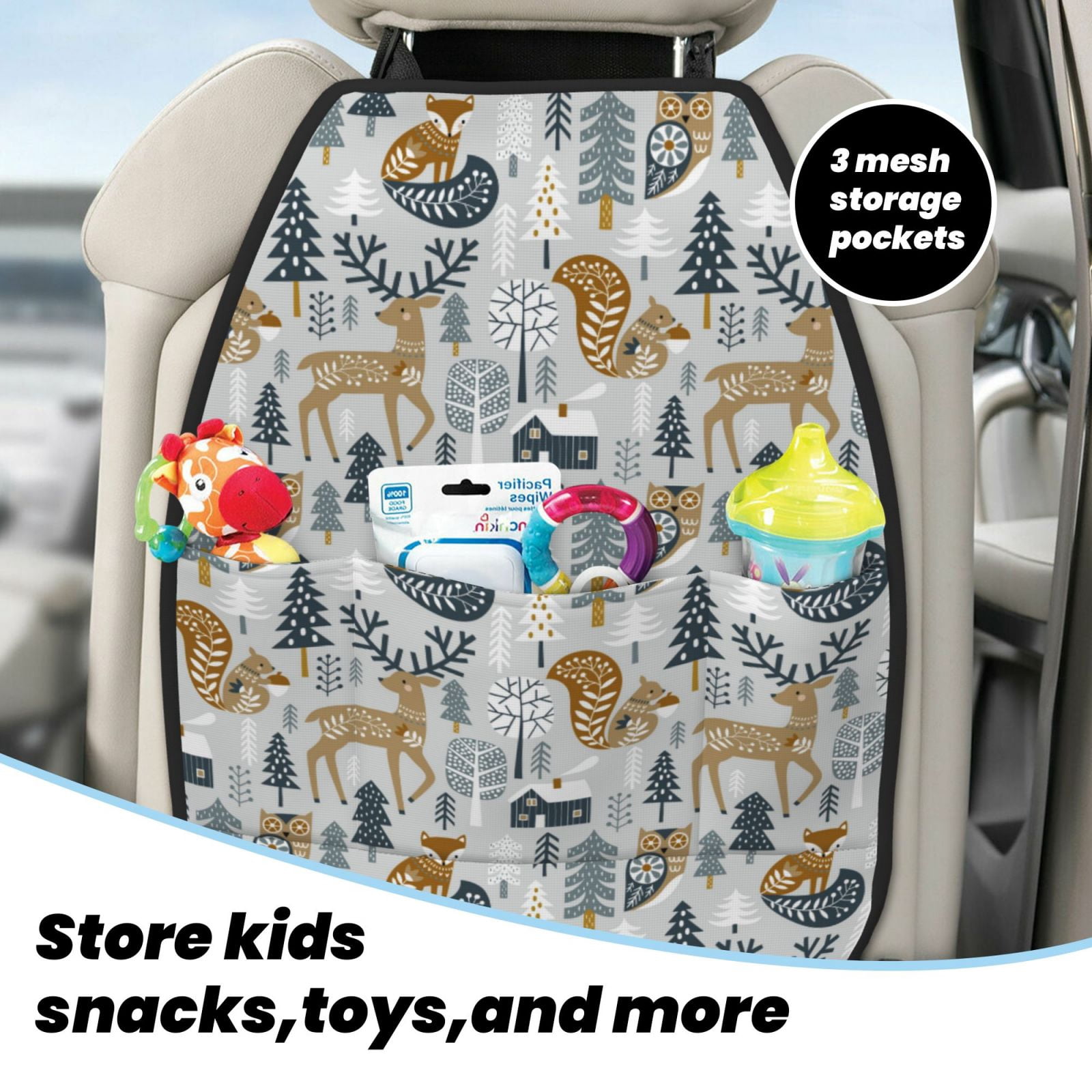 Kdxio Winter Forest Animals Print 2 Pack Car Kick Mat Seat Cover Back Protector Mat with Pockets for Organizer Backseat Protector and Storage Anti Kick Pad for Vehicles