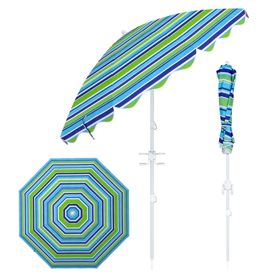 Costway 6.5 FT Beach Umbrella with Tilt & Sand Anchor, UPF 50 Sun Protection, Cup Holders Green Stripe