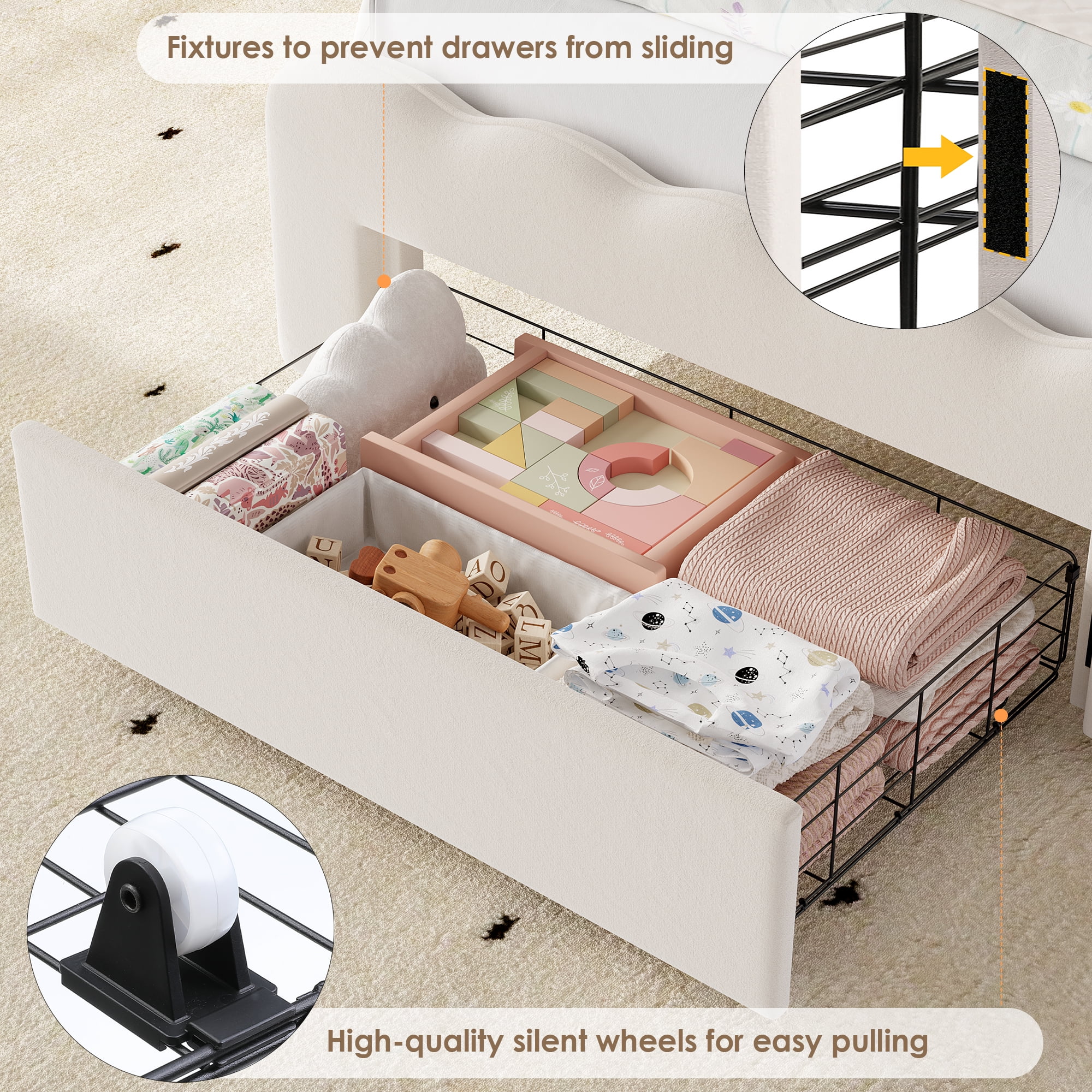Homfa Twin Size LED Bed Frame with Storage Drawers, Velvet Upholstered Platform Bed with Adjustable Petal Headboard, RGB LED Lights Bed for Bedroom, Beige