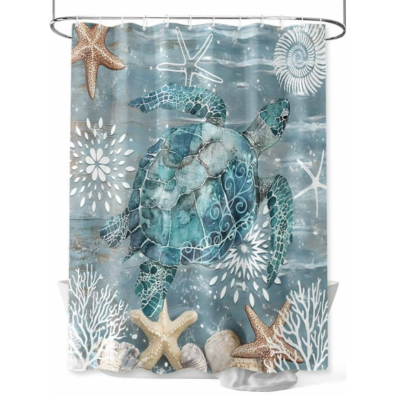 Blue Turtle Coastal Standard Shower Curtain Set, Waterproof Shower Curtains for Bathroom, Summer Beach Ocean Starfish Coral Washable Fabric Cloth Bath Curtain for Bathtub with Hooks 72x72 Inches