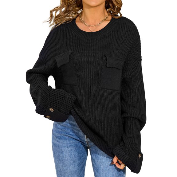 Womens Knit Tops 2025 Oversized Long Sleeve Crewneck Sweater Business Casual Blouses Basic Sweater Black M
