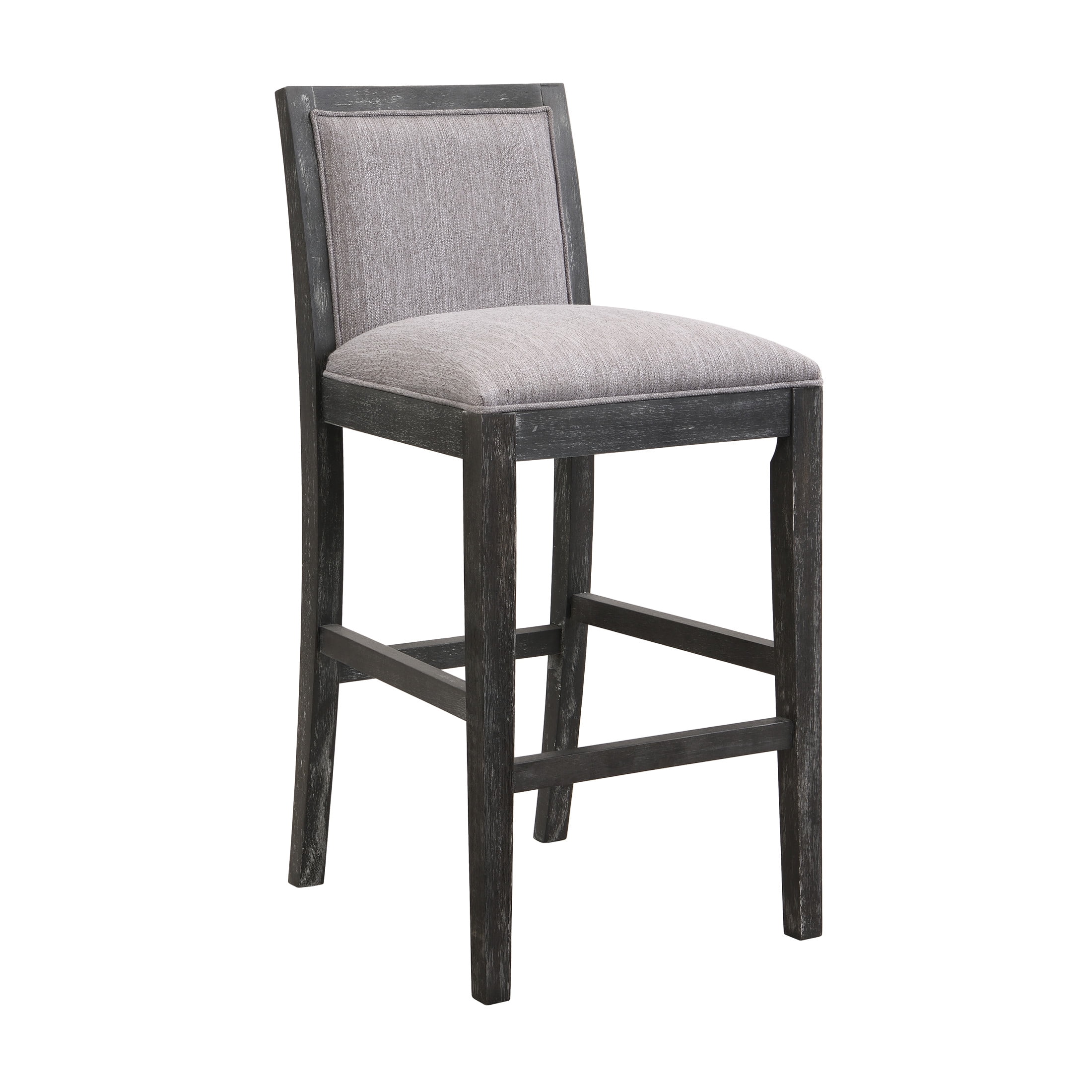 Retro Fabric Upholstered Counter Stools with Distressed Rubberwood Legs, Black+Grey, Set of 2
