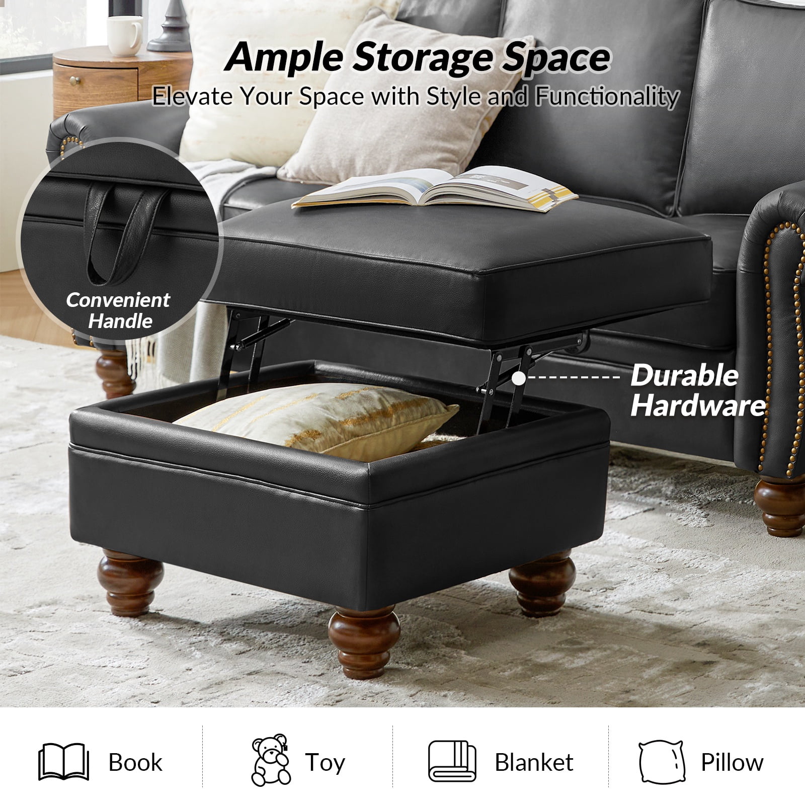 27" Square Ottoman Coffee Table Faux Leather Lift Top Storage Footrest Stool Bedroom Living Room Black