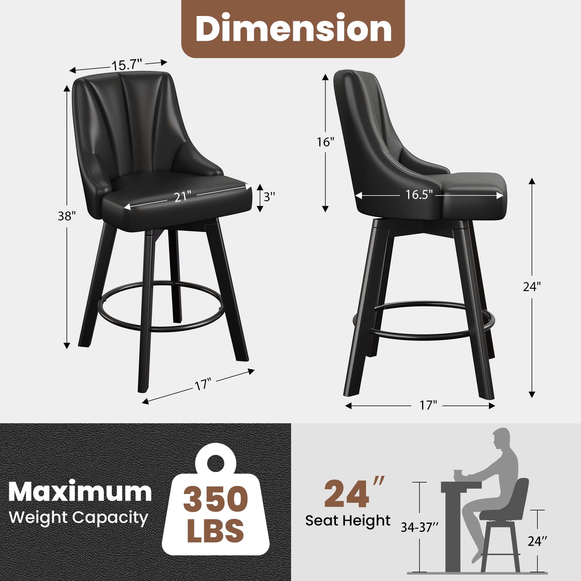 LainTene 24" Counter Height Swivel Bar Stools Set of 6, PU Leather Upholstered Counter Barstools with Solid Wood Legs and Backs for Kitchen Island, Home Bar