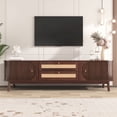 thumbnail image 2 of Farmhouse TV Stand for TVs up to 75 Inches, Rattan Entertainment Center with Solid Wood Legs and Sliding Doors, Media Console for Living Room, Natural Wood and Brown, 2 of 16